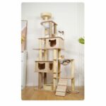 Playful cats of different colors explore the Davao Cat Tree, a multi-level cat condo featuring an exclusive gazebo design, sisal scratching posts, plush platforms and hideaways, offering ample space for a happy multi-cat family. The stylish design complements any home decor.