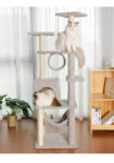 A playful tabby cat explores the Caloocan Cat Tree, a multi-level cat condo featuring sisal scratching posts, plush platforms, dangling toys, and a modern design that complements any home decor.