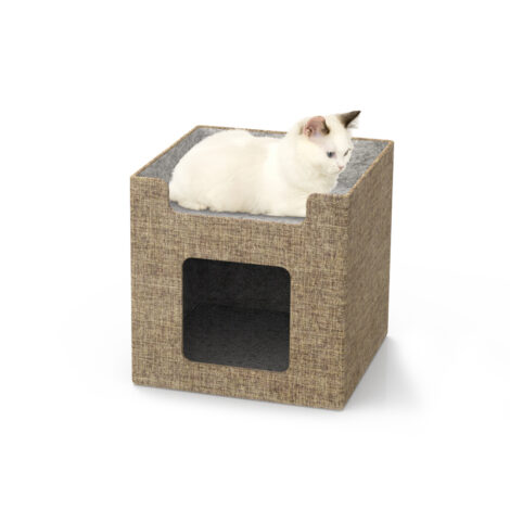 A playful tabby cat sits regally inside the Lulu's World Condo A1 Castle, a charming cat house featuring a plush interior, sisal scratching posts, dangly toys, and an observation tower. The castle design complements any home decor.