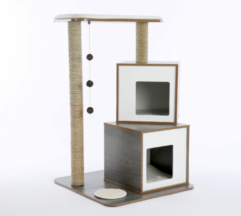 Two playful cats explore the Lulu's World Cubox Twin Base, a two-story cat condo featuring separate plush cubbyholes, sisal scratching posts, and dangling toys. The modern design complements any home decor.