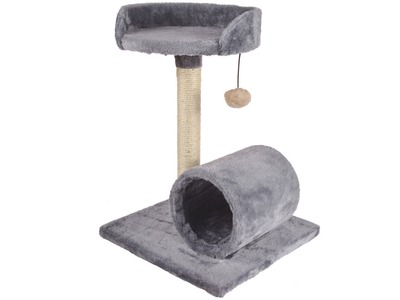 A playful tabby cat climbs and lounges on the multi-level EREBUS Cat Tree, featuring sisal scratching posts, plush platforms, and a raised observation deck.